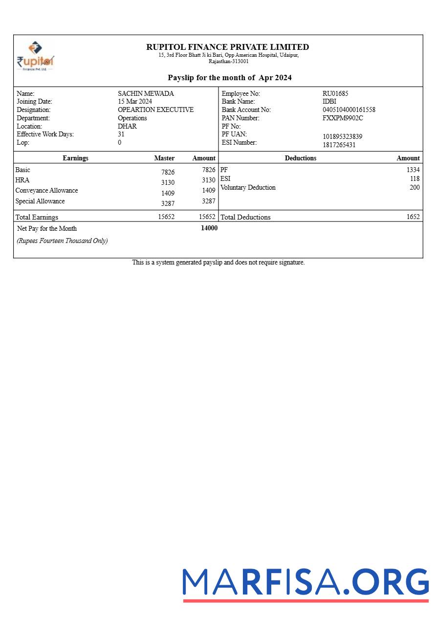 Downloadable Rupitol Finance payslip template